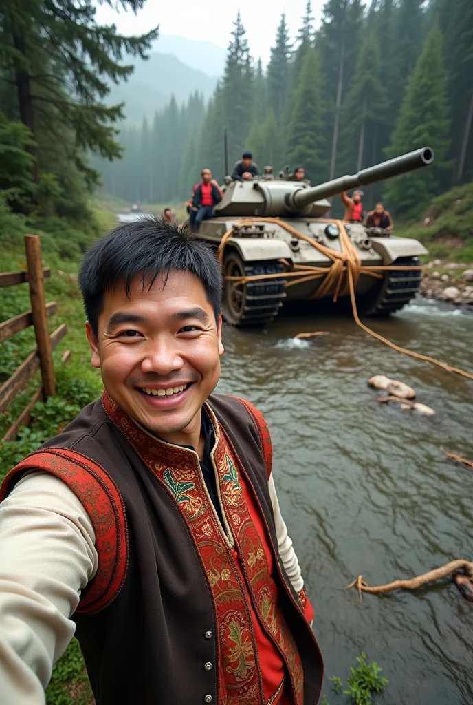 mongolian guy taking a selfie and at the background mongolian guys in mongolian clothes binding up fully all over athe soviet tank too much with so many ropes in the woods near the river