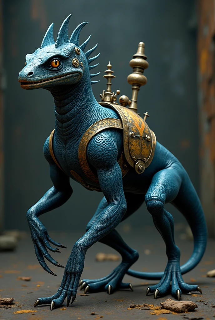 En photo réalisme. in profile. Dans l'univers du jeu vidéo  Fallout 3. A hybrid between a chameleon and a flayer. It's a mount. Il marche à quattre pattes et a une belle selle sur le dos mais pas de cavalier. he is two meters tall.  He has long claws. Il est rapide et agille mais a de large épaules et des bras musclés.
He has chameleon eyes, des dents pointues  mais reste très mignon. 
It is dark blue with gold glitter.. It is very beautiful. 
Maintenant je veux la version adulte.   