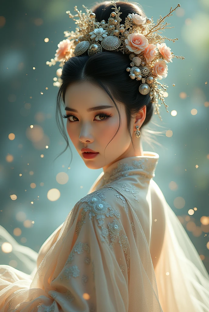 Peking Opera Hua Dan，Nice face，Shallow depth of field，Delicate Lines，Blurred foreground，Opera Elements，Gemstones, Pearls, and Rhinestones Headwear，Costumes，whole body，Dance，Look Back。Dreamy Scattered Scenery，Parametric drawing , Transparency，Low saturation colors。