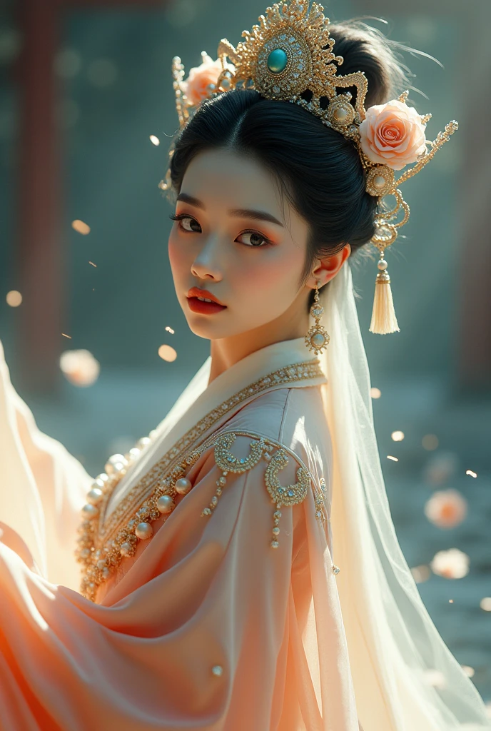 Peking Opera Hua Dan，Nice face，Shallow depth of field，Delicate Lines，Blurred foreground，Opera Elements，Gemstones, Pearls, and Rhinestones Headwear，Costumes，whole body，Dance，Look Back。Dreamy Scattered Scenery，Parametric drawing , Transparency，Low saturation colors。