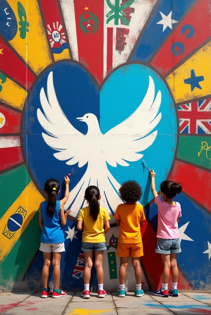 Children graffitiing the symbol of peace colored with spray,Peace without limits,flags of the nations ,paisaje,world colors,Dove,flags on the ground embroidered