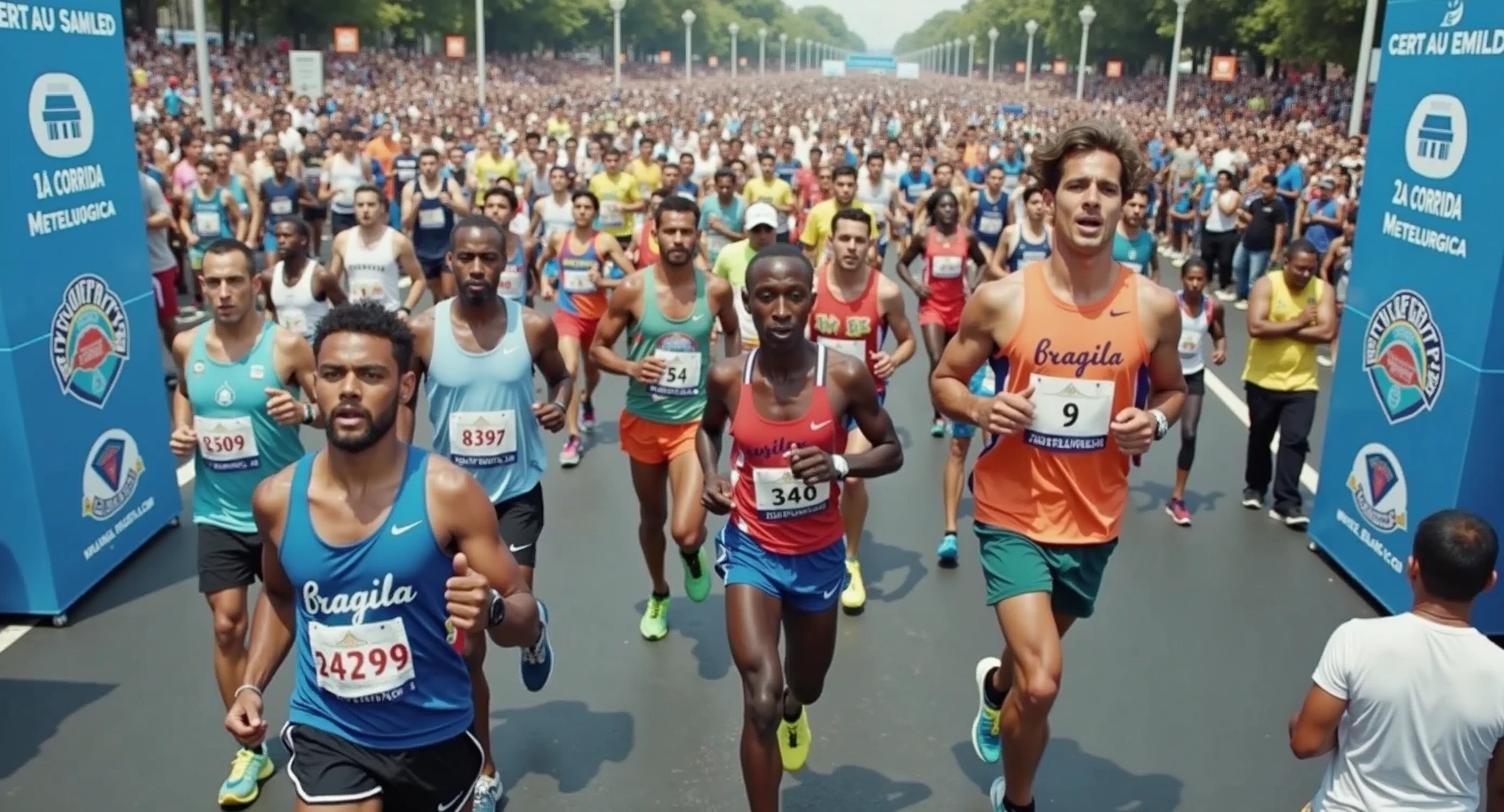 A high-quality photo of a large group of Brazilian people running in a marathon during the daytime. The runners, wearing a variety of colorful athletic gear, are in mid-stride, with expressions of focus and determination. sunlight dapples the ground, creating dynamic shadows. The scene is lively with spectators cheering from the sidelines, and the overall atmosphere is energetic and celebratory. Text written on banner "1ª Corrida Metelurgica"