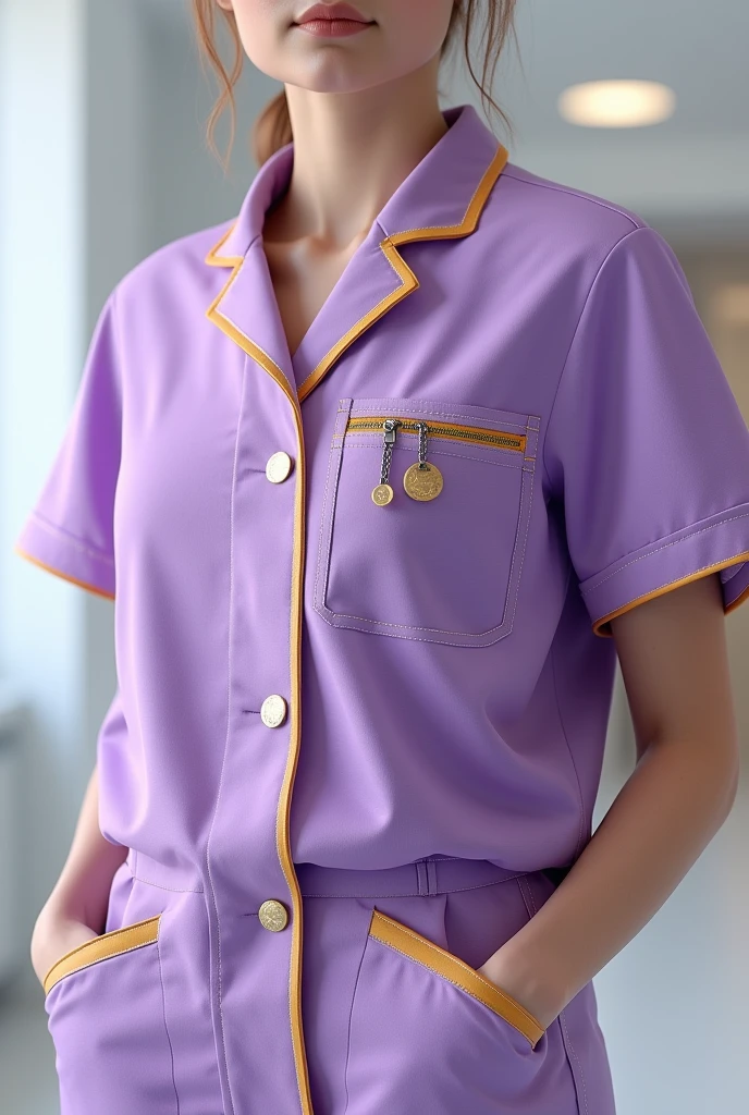 (photorealism:1.2), Lilac medical scrubs with yellow details