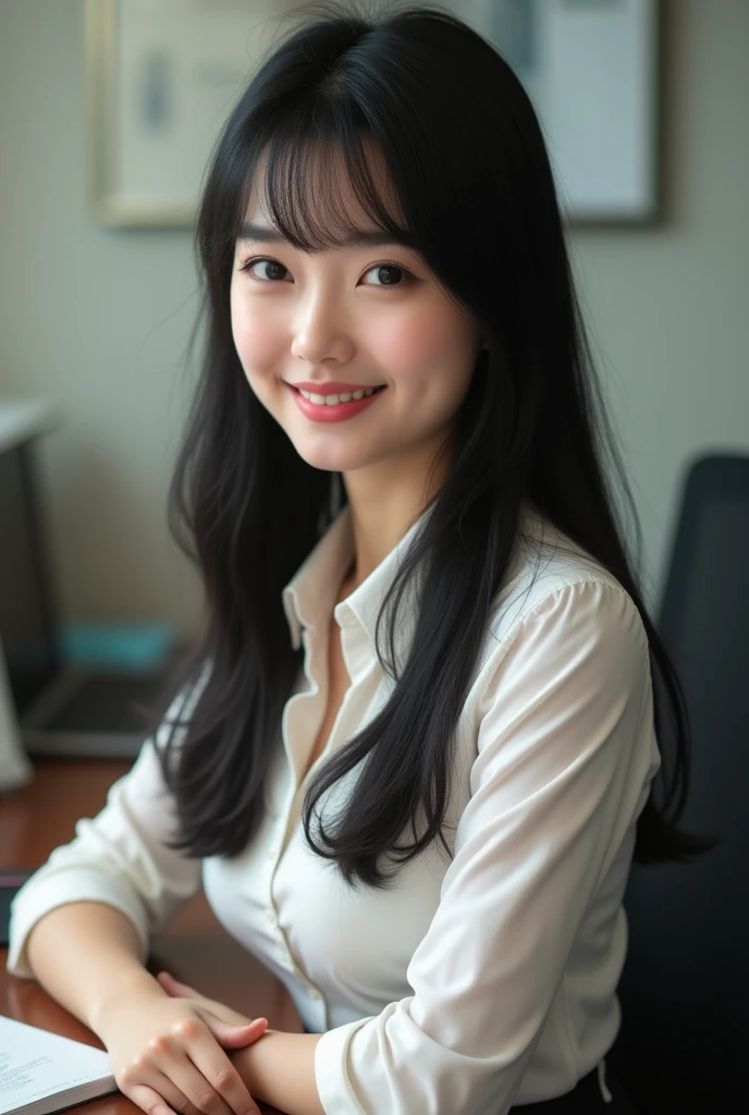 Realistic depiction、Realistic、Beautiful Secretary。Japanese。28 years old、Honesty、intellectual、smile、Black Hair、Straight hair、like、trust、Charm、Tight exy chest、Lustful、