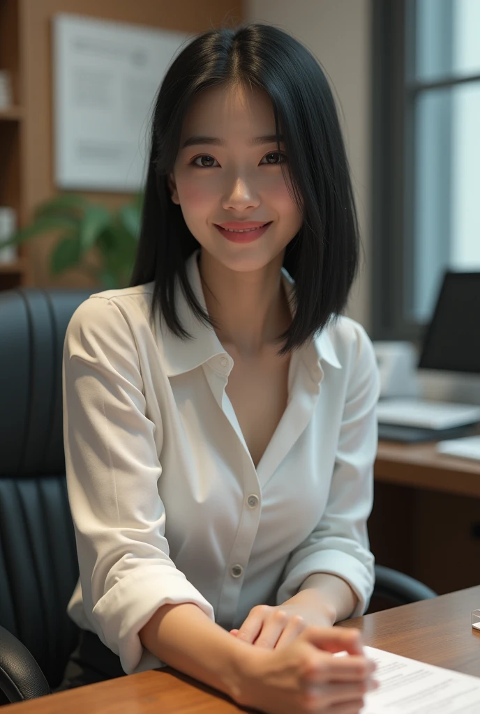 Realistic depiction、Realistic、Beautiful Secretary。Japanese。28 years old、Honesty、intellectual、smile、Black Hair、Straight hair、like、trust、Charm、Tight exy chest、Lustful、