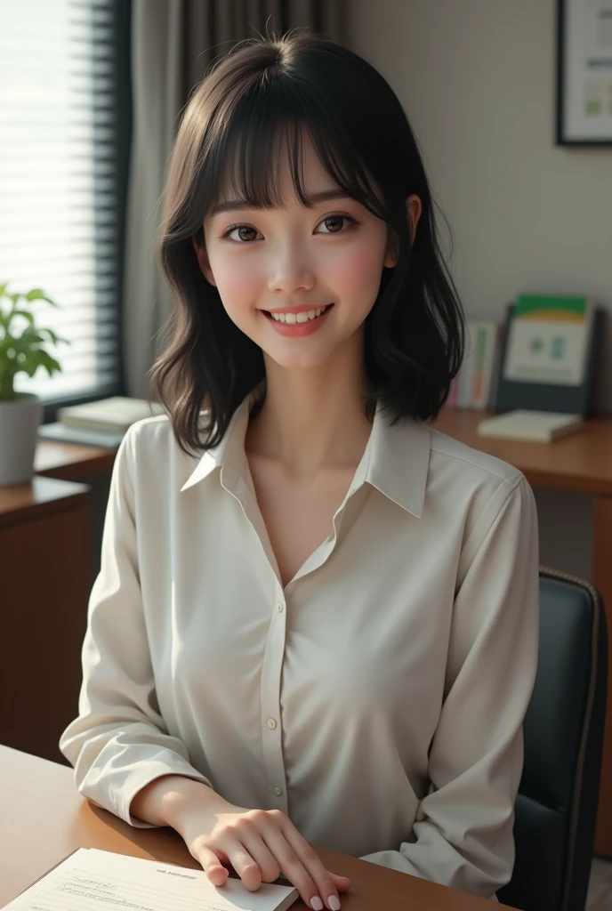 Realistic depiction、Realistic、Beautiful Secretary。Japanese。28 years old、Honesty、intellectual、smile、Black Hair、Straight hair、like、trust、Charm、Tight exy chest、Lustful、