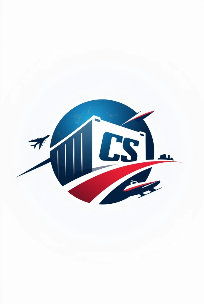 logo for CS EXPORTADORA E IMPORTADORA DE MANUFATURADOS LTDA company, with elements that allude to the international transport of cargo in maritime modalities, air and road in blue and red colors