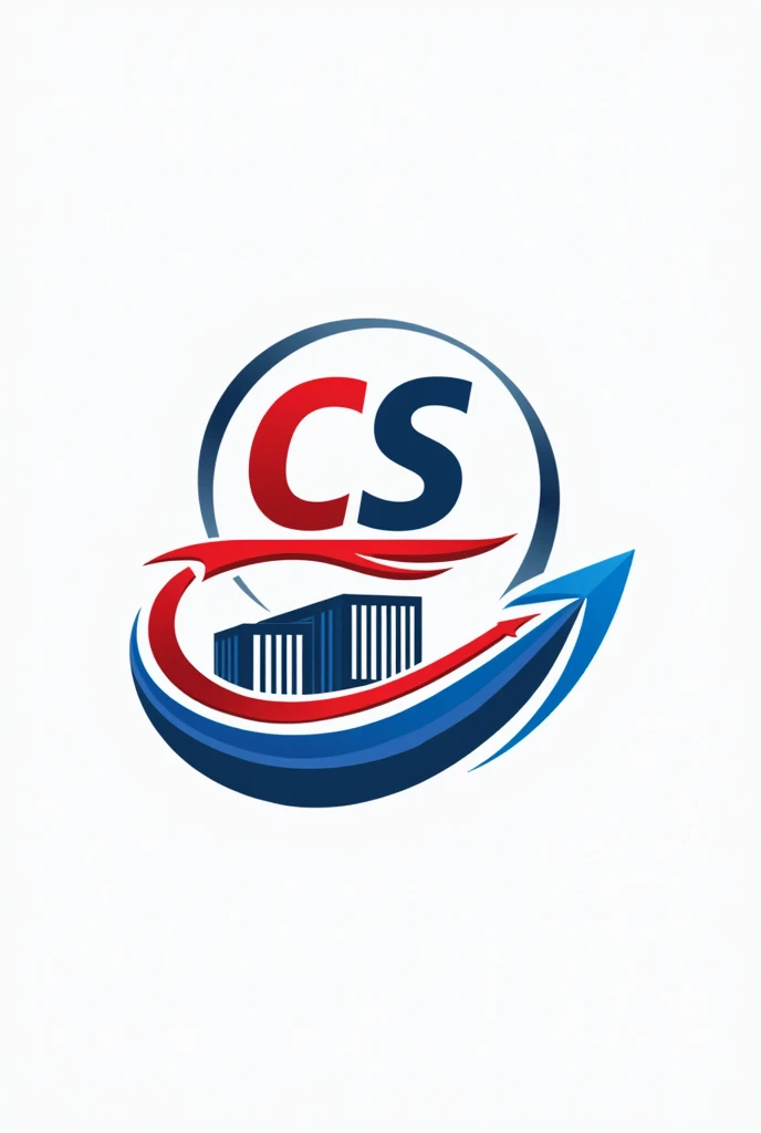 logo for CS EXPORTADORA E IMPORTADORA DE MANUFATURADOS LTDA company, with elements that allude to the international transport of cargo in maritime modalities, air and road in blue and red colors