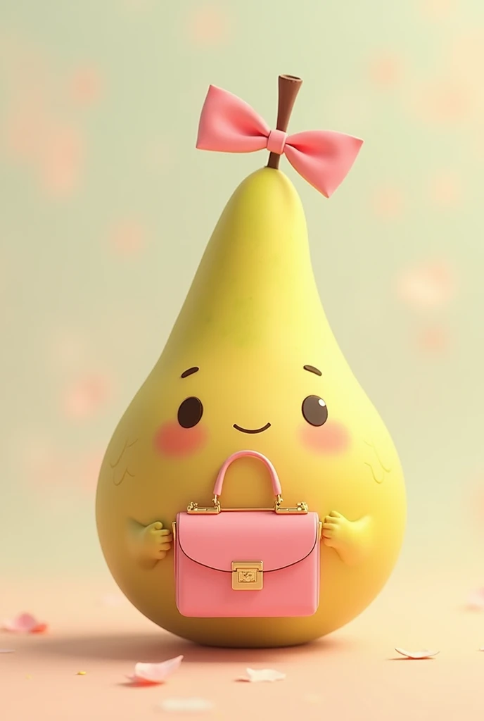 Soft pear holding a pink bag in her hand, pink ribbon in her hair in pixa style
