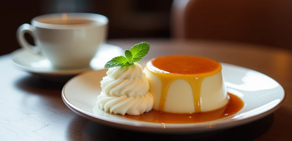 Pudding served at a chic restaurant。 There is a plate on the right side of the table.、There is a cold pudding dripping with caramel on the plate.。Next to the pudding is a dollop of fluffy whipped cream.。 There is no mint on it。 There is a cup of tea in the back that is not steaming.。