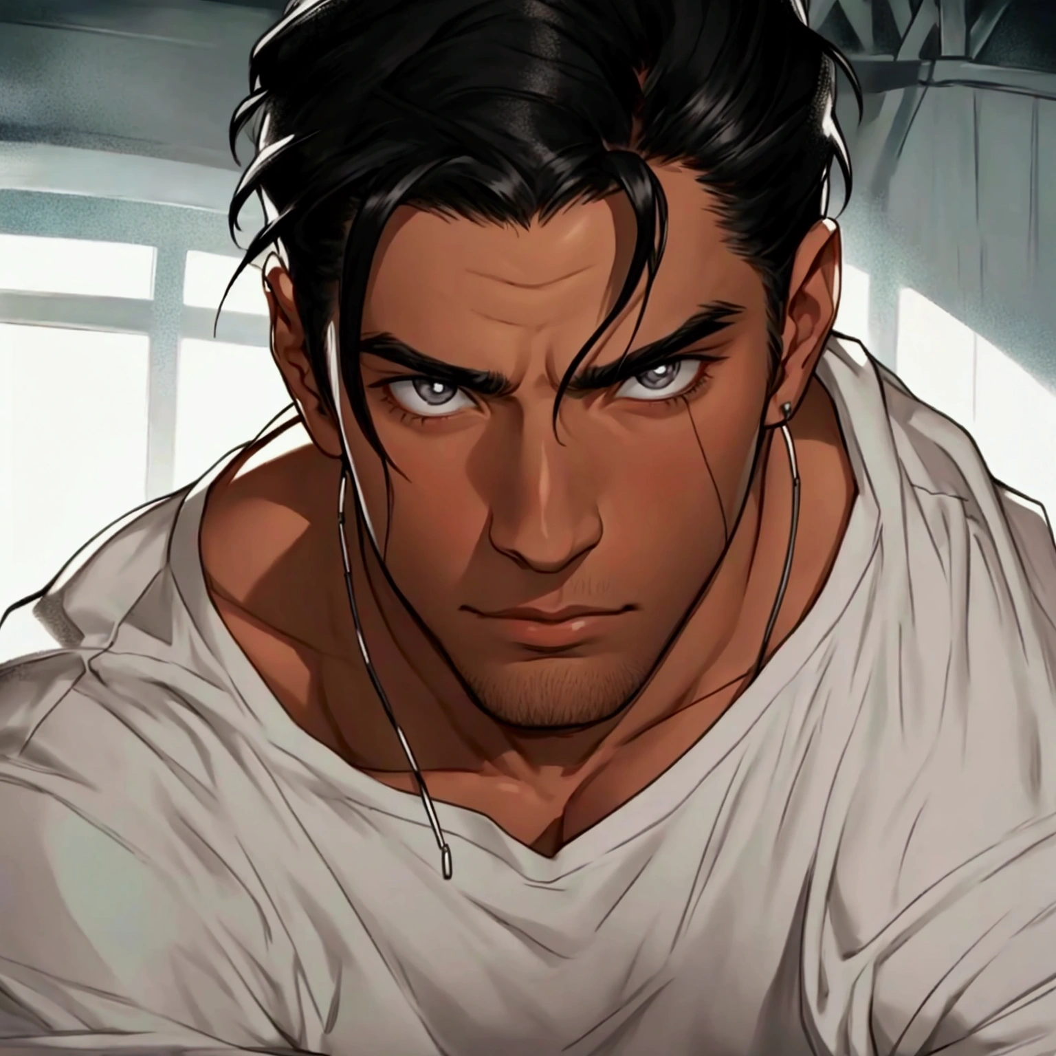black hair, Solo male, silver Jewelry , close up, camera POV, basic white shirt , half body , emotionless face