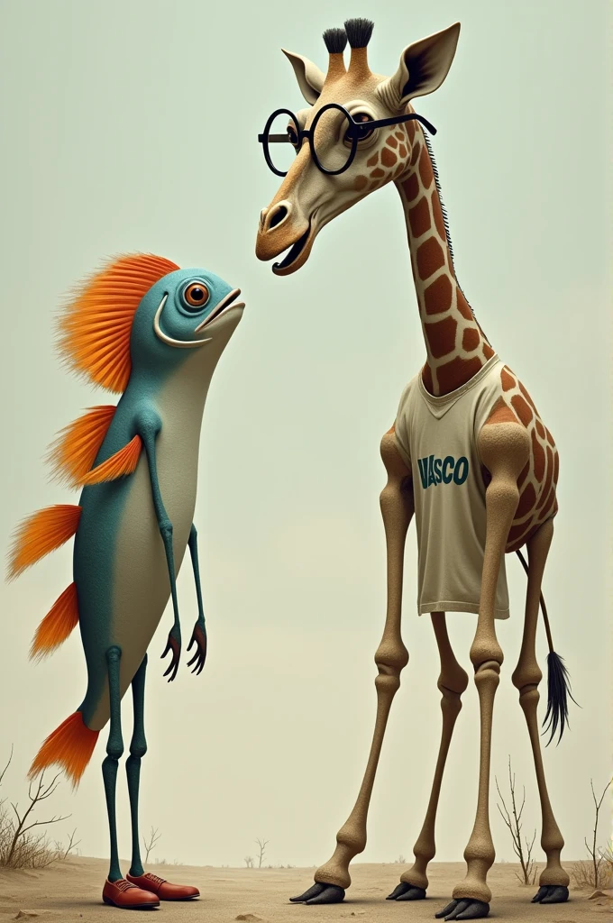A small fish with a human body getting into a fight with a skinny giraffe wearing glasses, just bones, and a Vasco shirt.