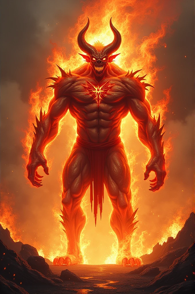 A fierce humanoid elemental composed of roaring flames, standing atop a charred, rocky plateau under a stormy sky. Its body is a mass of intense, ever-changing fire, with tongues of flame constantly flickering and dancing across its form. The face is sharp and angular, with glowing, ember-like eyes that burn with an inner intensity. The head is crowned with a mane of flames that rise and fall like a living inferno. The torso is powerful and muscular, with the chest and arms made of tightly coiled fire, radiating heat and light. The hands end in claw-like fingers made of solidified magma, glowing red with heat. The legs are sturdy, with the feet leaving behind scorched earth wherever they step. The overall form is dynamic and fierce, embodying the destructive power and raw energy of fire. The background is a desolate, charred landscape with smoke rising from the ground and distant lightning illuminating the sky, emphasizing the elemental's connection to the primal force of fire.