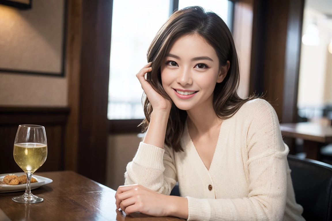 ((top-quality、8K、masterpiece:1.3、超A high resolution))、(Clear focus:1.4)、BREAK、A Japanese Lady、a baby face、1 persons、full body Esbian、light skinned、((dark brown hair))、short-hair、Break HA、(Long cardigan and leggings:1.5、Detailed fabrics)、Break HA、scarf、Espadrilles、Break HA、Super fine face、A detailed eye、Narrow-eyed、二重まぶた、Break HA、Reddish cheeks、Detailed skin、Sweating、Lustrous skin、glowy skin、Shine skin、Shaded skin、glowy skin、Wearing makeup、Break HA、ruddy lips、Laughing、(Colossal tits:1.1)、Beautiful leg line、looking in camera、BREAK、(细致背景、细致背景、museum:1.5)、Natural lighting