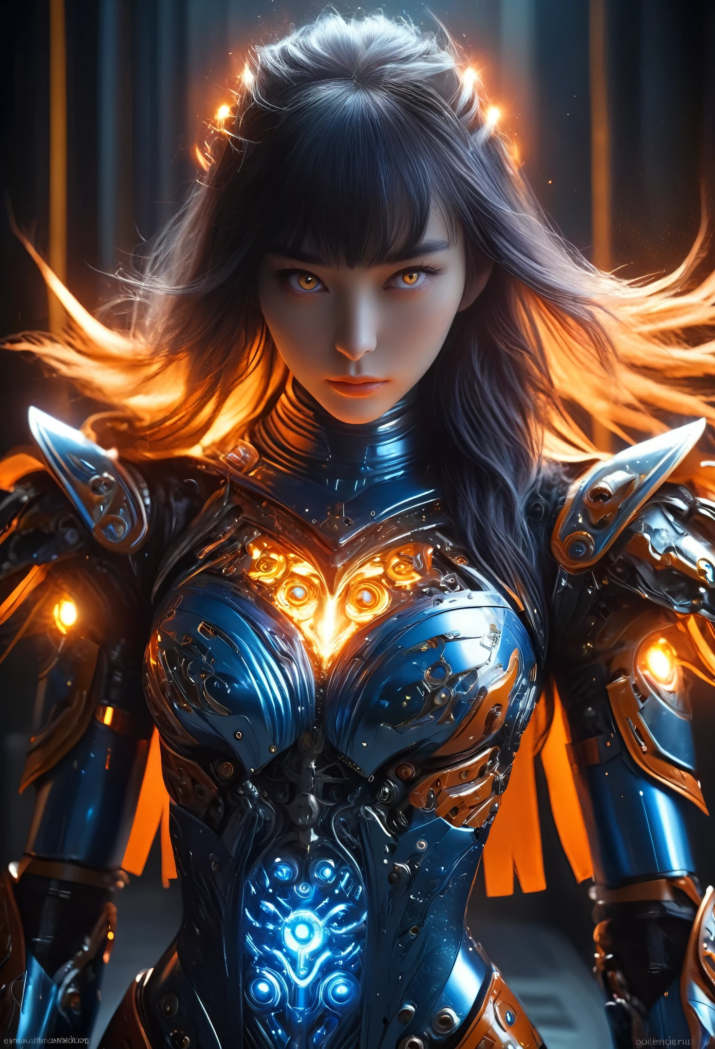 (Best Quality, 4K, 8K, High Resolution, Masterpiece: 1.2), (Super Detailed, Realistic, Photorealistic:1.37), A woman in futuristic clothing, Trending on cgstation, Trending on cgstation, (Portrait of a girl in the Knights of the Zodiac:1.4), blunt bangs, Cute Cyborg Girl, Perfect android girl, Portrait Astronaut Girl, Beautiful girl cyborg, (Girl wearing iridescent red and blue and orange mechanical cyber armor:1.3), Game CG, cgsociety and fenghua zhong, Beautiful Cyborg Shrine Maiden, Bioluminescence, (Yua Yaiba:0.5), (Golden eyes:1.5), Anatomically correct grip, (Sharp and long claws:1.4), erotic and sexy, black, wearing A gorgeous cape with beautifully detailed embroidery, (beautiful tits, beautiful breasts, beautiful nipples:1.5), (NSFW:1.5)