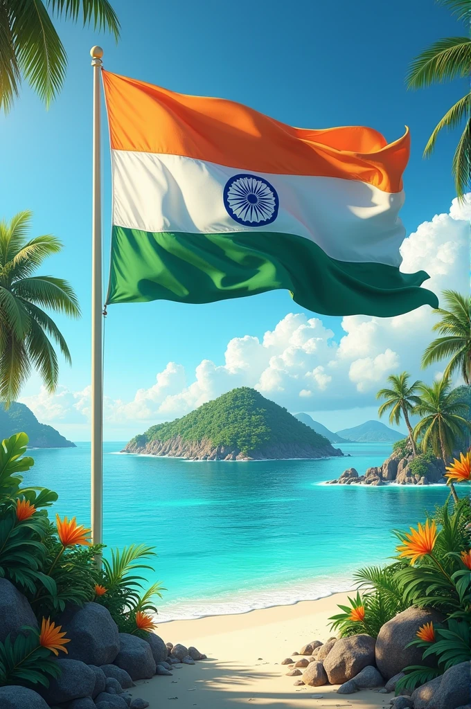 Beautiful Indian flag standing on the beautiful island with name Jyothi 