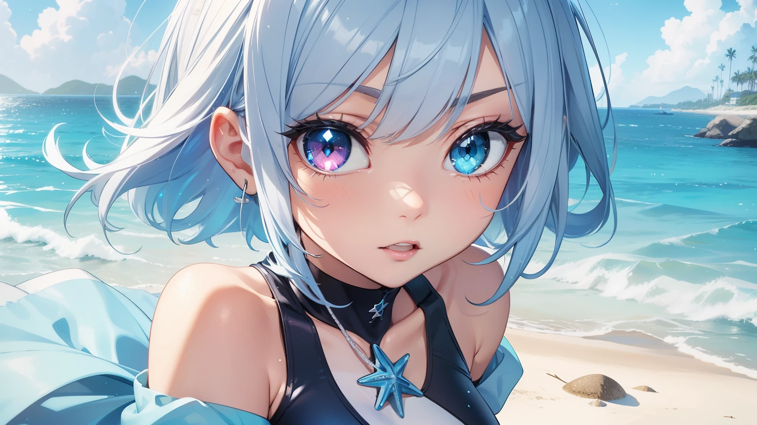 Best quality、Photorealistic、Ultra-detailed、delicate、Orderly、High Detail、Bluish Silver Short Bob、(Drooping heterochromia iris,glowing eyes、Sparkling Eyes:1.3)、Slender、(One girl:1.2)、(One Shoulder One Piece Swimsuit, Ocean, Beach, summer, noon, blue sky, Outdoor, Cowboy Shot:1.3)、Ambient Occlusion、Ambient Light、Ray-traced Reflections、Glow、Shiny Hair、