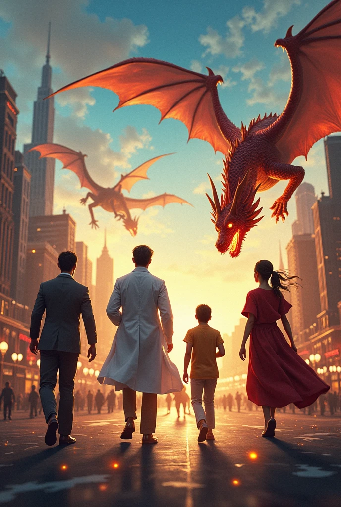 Can you create a art that showcases the teachers, doctors and fire fighters then also show how each of their professions work and help people with a more details, then add a fantasy design with dragons and magic