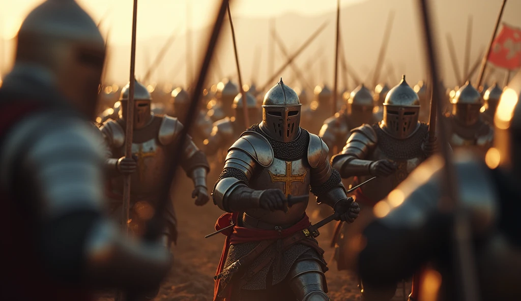 A highly realistic, high-contrast, 8K HD, detailed, hyper-detailed image of Crusader knights fiercely engaged in battle against an enemy army of knights as shown in the provided image. The Crusaders, wearing steel armor, are surrounded by the enemy force, who are clad in full armor and advancing relentlessly. The battlefield is chaotic, with swords clashing and the Crusaders' faces showing unyielding resolve as they fight on despite overwhelming odds. The atmosphere is intense and desperate, capturing the raw determination and bravery of the Crusaders as they battle fiercely against the enemy knights. The image is of the highest quality, with ultra-high resolution, RAW photo quality, and Unreal Engine rendering, depicting the relentless spirit and courage of the Crusaders in the face of a powerful adversary.