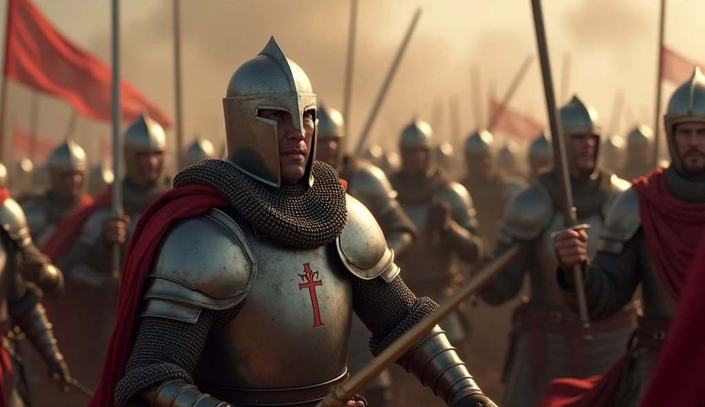 A highly realistic, high-contrast, 8K HD, detailed, hyper-detailed image of Crusader knights fiercely engaged in battle against an enemy army of knights as shown in the provided image. The Crusaders, wearing steel armor, are surrounded by the enemy force, who are clad in full armor and advancing relentlessly. The battlefield is chaotic, with swords clashing and the Crusaders' faces showing unyielding resolve as they fight on despite overwhelming odds. The atmosphere is intense and desperate, capturing the raw determination and bravery of the Crusaders as they battle fiercely against the enemy knights. The image is of the highest quality, with ultra-high resolution, RAW photo quality, and Unreal Engine rendering, depicting the relentless spirit and courage of the Crusaders in the face of a powerful adversary.