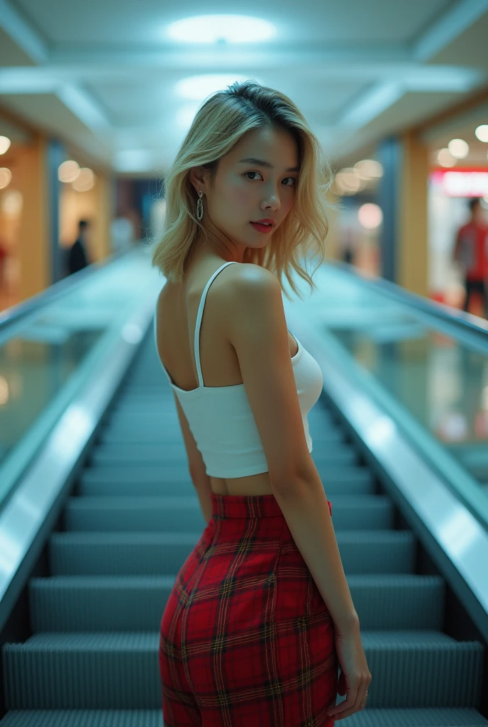 8k, masterpiece, Super sharp focus, Intricately detailed, Very beautiful young Japanese woman, Blonde medium wavy hair, slim and muscular body, Long legs, Gentle smile towards the audience, Riding an escalator in a shopping mall, ((she、)). she白いクロップトップのキャミソールと赤いタータンのマイクロミニスカートを着ている, Film-like color grading, Rear view, Looking over your shoulder, Cool lighting, Soft front studio lighting, Pale skin, Raise the hand