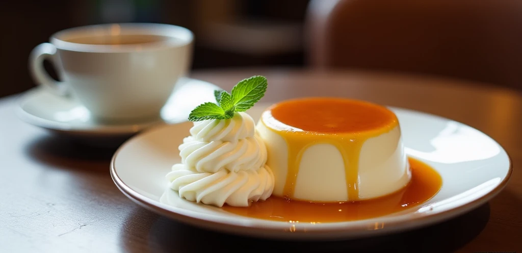 Pudding served at a chic restaurant。 There is a plate on the right side of the table.、There is a cold pudding dripping with caramel on the plate.。Next to the pudding is a dollop of fluffy whipped cream.。 There is no mint on it。 There is a cup of tea in the back that is not steaming.。
We don't have mint.。