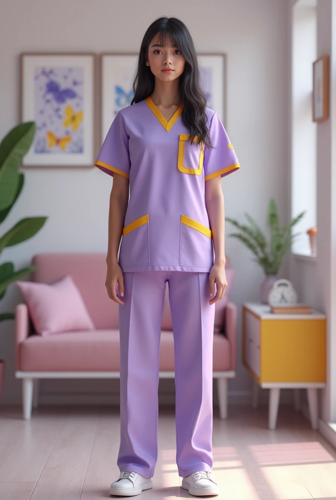 (photorealism:1.2), Lilac medical scrubs with yellow details , for sober pediatric office