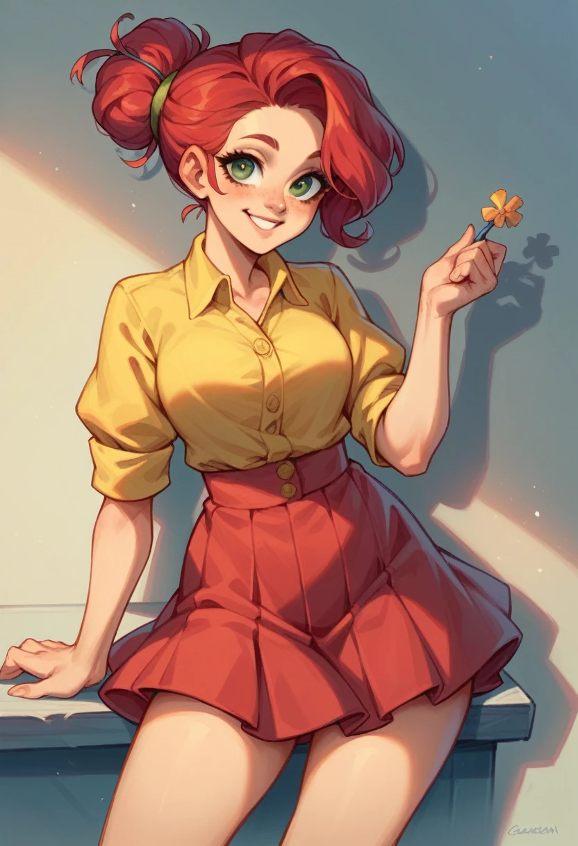 red hair hair tied back green eyes , 18 years old, sexy, showing off curves sexy, gorgeous, caucasian, penny stardew , smiling, cute, yellow open buttons shirt and a red skirt sitting on desk in front of blackboard