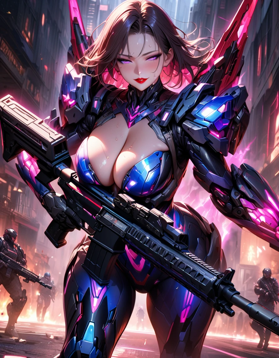 A young and beautiful person,(Highest quality,Extremely detailed depiction,Incredibly absurd high resolution,Anatomically accurate depiction,Curvy Legs),(Glowing Skin),(Futuristic body suit:1.3,Futuristic exoskeleton,Huge assault rifle:1.3),eyelash,(Luminous purple eyes,Half-closed eyes:1.3,There is cleavage in the chest,Wicked Smile,Glossy Red Lips,Sweat,A stance with an assault rifle:1.3),whole body,(background:In town),