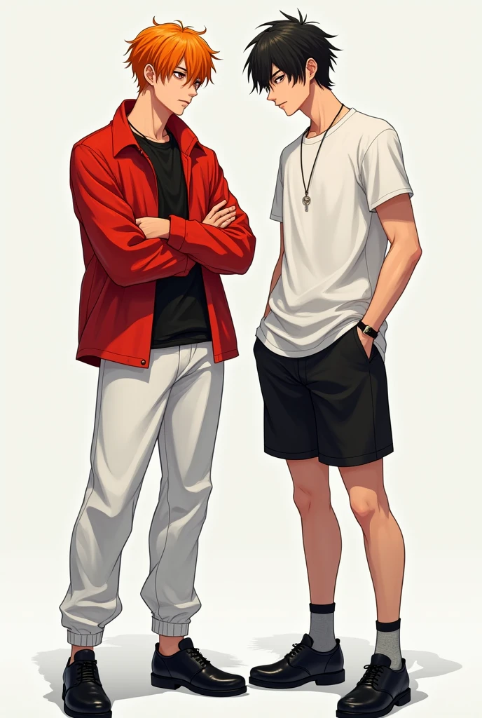 A young man, 21 years old, with orange hair, wearing a black crew-neck shirt, a red jacket, white long pants, and black shoes, is standing with his arms crossed. There is also a young man, 21 years old, with black hair, wearing a white shirt, a necklace, black shorts, black shoes, and gray socks.