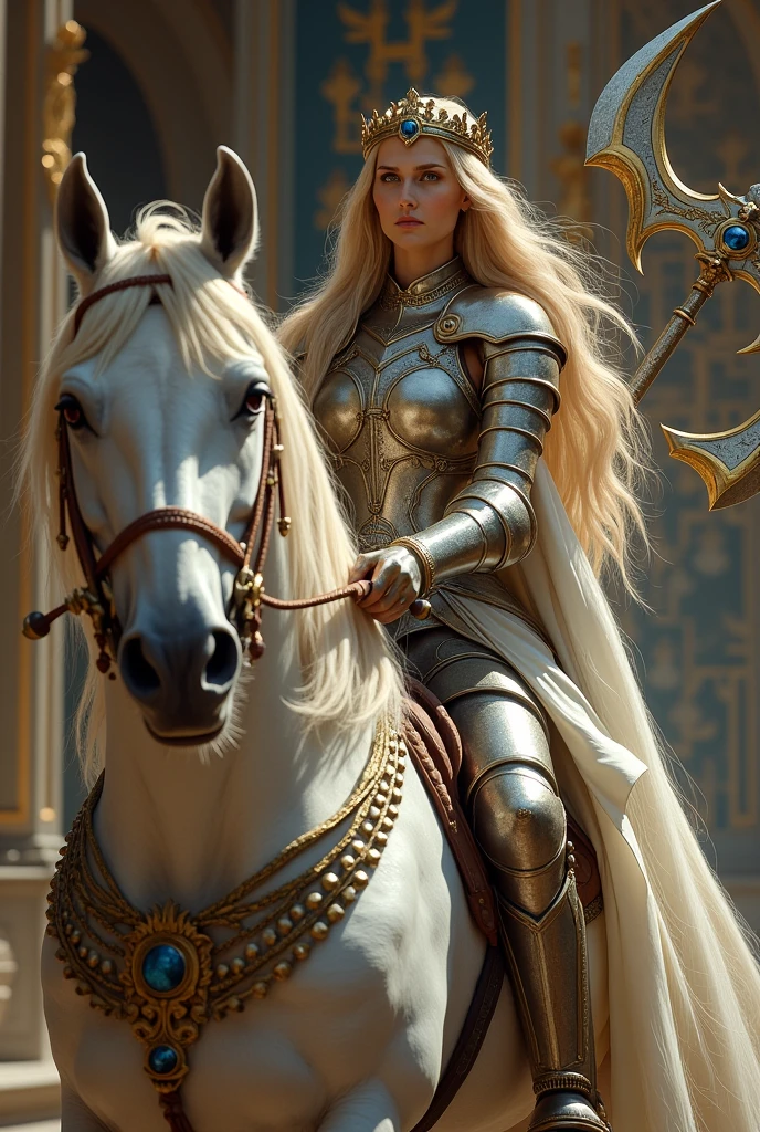 In the image, a white woman with long, flowing blonde hair wears ornate plate armor and gauntlet with silver and gold arabesque trim. On her head, a gold tiara with a large sapphire. She is mounted on a majestic white horse, both adorned in armor. The woman holds a extra long halberd with large axehead, exuding elegance and strength. Dramatic lighting highlights the opulence of the scene, with a regal background enhancing the grandeur. extreme wide shot, the whole halberd in frame.