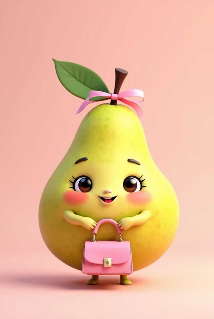 Cute little pear holding a pink bag in its hand, pink ribbon in her hair in pixa style