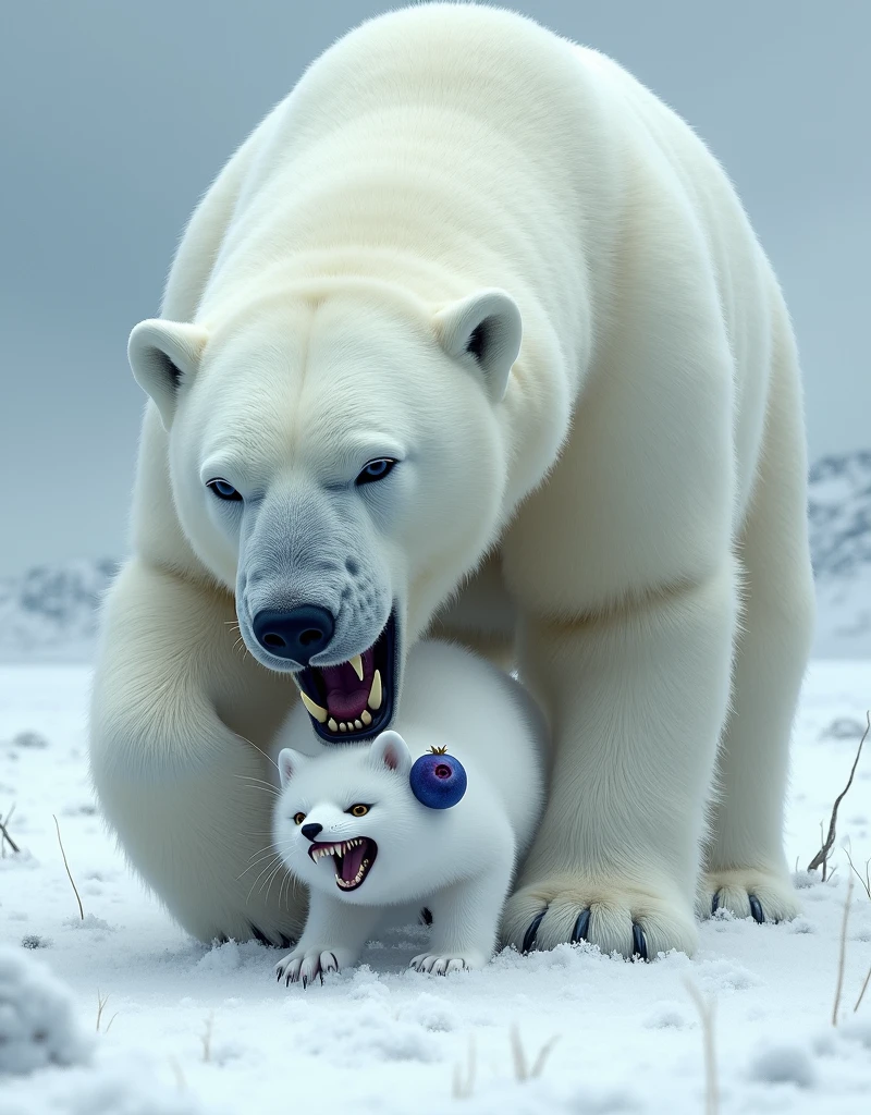 polar bear eat A white fox with blueberry in ear