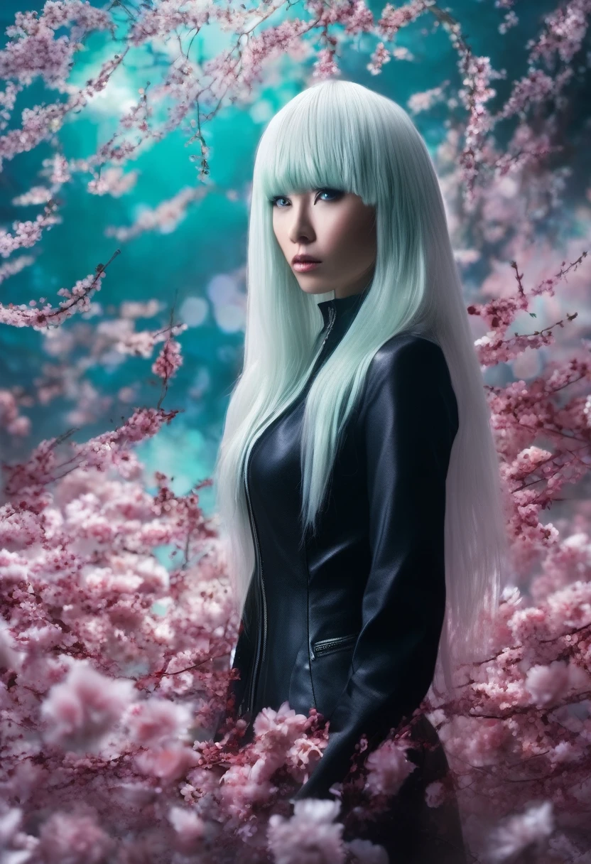 Full-length view. (full-length shot, wide angle, centered, no cropping) AR 9:16 - from 1:2 ((woman in a black linger suit - Ghost in the Shell, porcelain face and head. Long flowing white hair, large turquoise eyes, perfect eyes, best quality)). Visual Kay Fashion, gothic. Yoshitaka Amano, Quentin Mutch, Multicolored Fog. Hannah Yata, fantasy art, megapixels, 8K HDR resolution; volumetric lighting", surreal hallucination, complex detail, sharp focus, wind, cherry petals, Fujifilm, Bokeh. (full-length shot, wide angle, centered, no cropping) - AR 9:16 - from 1:2 