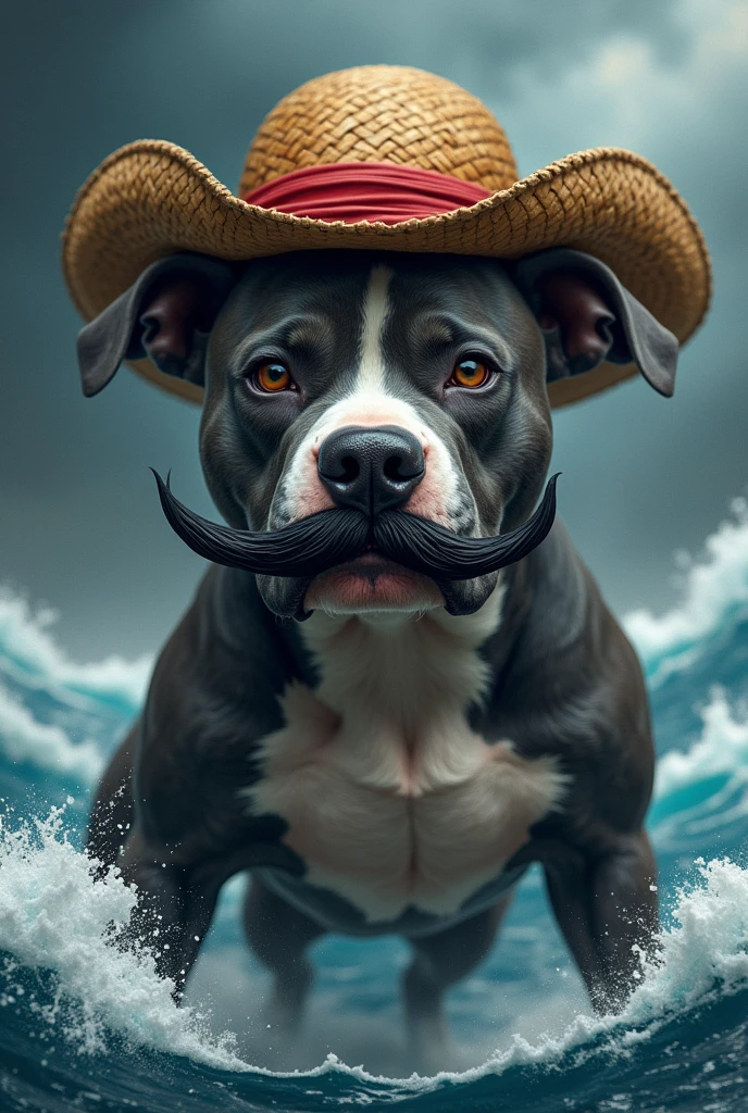Pitbull with Luffy's straw hat and Gol's mustache.D roger