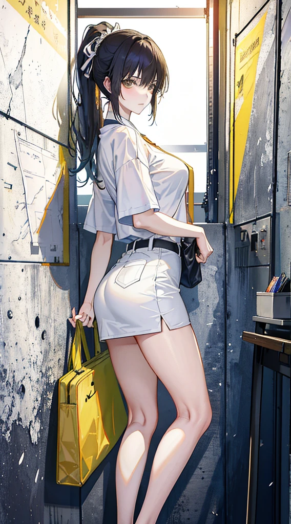 noon, In class, Two female proctors walked into the classroom, Holding a top-secret document bag, Two people wearing white T-shirts、Extra large breasts, Beautiful breasts, Big Ass, Long hair, Ponytail, Blonde Hair, Long-legged female invigilator, The female proctor looked into camera, Sweating all over the body，Clothes are heavily soaked， Love art style ((Xinhaicheng), CGSTATION Popular, Shinkai Makoto H 2160, Inspired by Border Guardians, Shinkai Makoto, plan, Guwitz's style, High-quality images, 4K, 8K, solve,（（Leaning against the wall，Sideways posture））