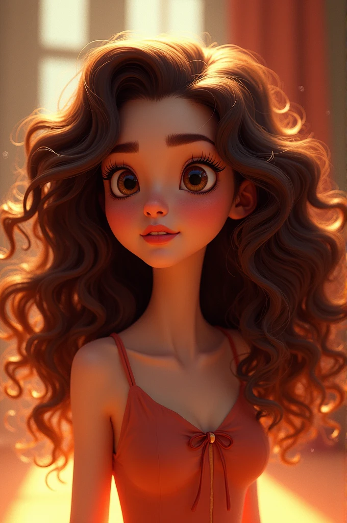 A woman with long, curly Pixar hair 
