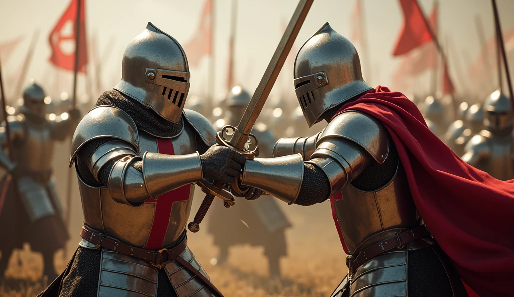 A highly realistic, high-contrast, 8K HD, detailed, hyper-detailed action scene where the knight from the provided image, wearing steel armor with a red cross on his tunic, is mid-swing, bringing his sword down to strike an enemy soldier. The enemy soldier is distinctly different, clad in plain, polished silver armor with no emblems, symbols, or crosses, ensuring there is no confusion with the Crusaders. The scene is intense, with the knight's sword gleaming in the dramatic lighting as it cuts through the air. The force and determination in the knight's movements are captured in vivid detail, as the enemy soldier, clearly from an opposing faction, recoils from the powerful strike. The background is filled with the chaos of battle, emphasizing the fierce combat between two clearly distinct armies. The image is of the highest quality, with ultra-high resolution, RAW photo quality, and Unreal Engine rendering, showcasing the brutal and decisive action of the knight against his non-Crusader, silver-armored enemy.
