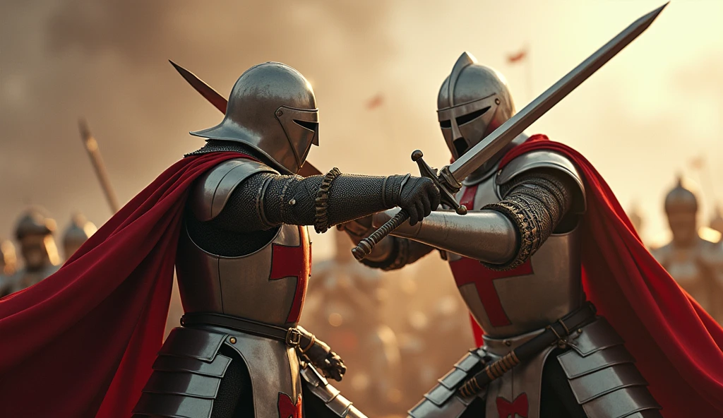 A highly realistic, high-contrast, 8K HD, detailed, hyper-detailed action scene where the knight from the provided image, wearing steel armor with a red cross on his tunic, is mid-swing, bringing his sword down to strike an enemy soldier. The enemy soldier is distinctly different, clad in plain, polished silver armor with no emblems, symbols, or crosses, ensuring there is no confusion with the Crusaders. The scene is intense, with the knight's sword gleaming in the dramatic lighting as it cuts through the air. The force and determination in the knight's movements are captured in vivid detail, as the enemy soldier, clearly from an opposing faction, recoils from the powerful strike. The background is filled with the chaos of battle, emphasizing the fierce combat between two clearly distinct armies. The image is of the highest quality, with ultra-high resolution, RAW photo quality, and Unreal Engine rendering, showcasing the brutal and decisive action of the knight against his non-Crusader, silver-armored enemy.
