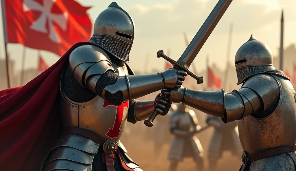 A highly realistic, high-contrast, 8K HD, detailed, hyper-detailed action scene where the knight from the provided image, wearing steel armor with a red cross on his tunic, is mid-swing, bringing his sword down to strike an enemy soldier. The enemy soldier is distinctly different, clad in plain, polished silver armor with no emblems, symbols, or crosses, ensuring there is no confusion with the Crusaders. The scene is intense, with the knight's sword gleaming in the dramatic lighting as it cuts through the air. The force and determination in the knight's movements are captured in vivid detail, as the enemy soldier, clearly from an opposing faction, recoils from the powerful strike. The background is filled with the chaos of battle, emphasizing the fierce combat between two clearly distinct armies. The image is of the highest quality, with ultra-high resolution, RAW photo quality, and Unreal Engine rendering, showcasing the brutal and decisive action of the knight against his non-Crusader, silver-armored enemy.