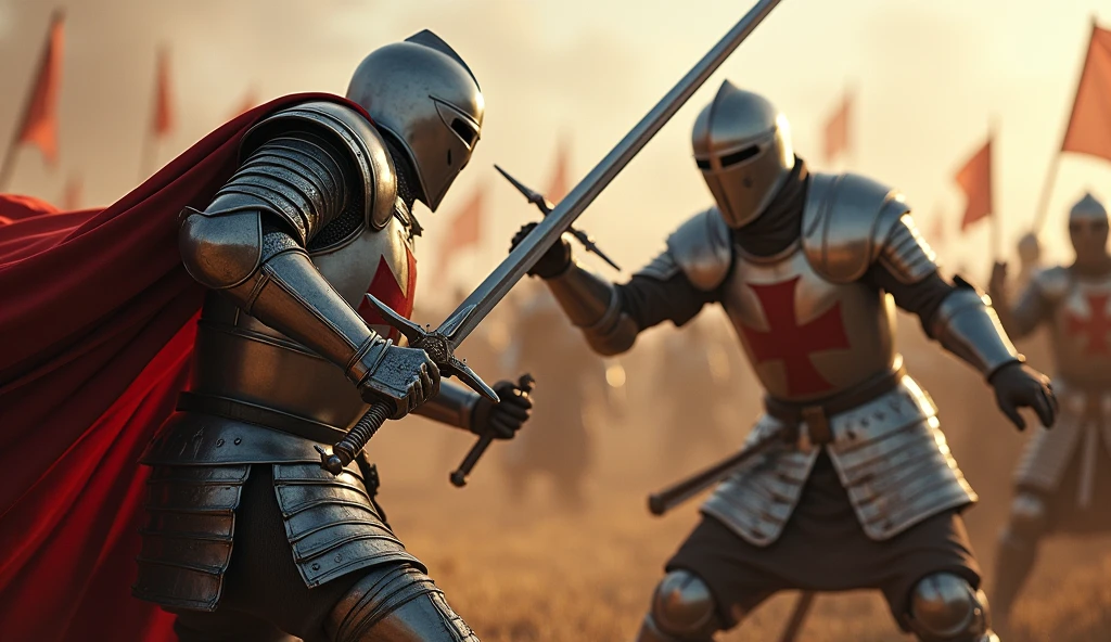 A highly realistic, high-contrast, 8K HD, detailed, hyper-detailed action scene where the knight from the provided image, wearing steel armor with a red cross on his tunic, is mid-swing, bringing his sword down to strike an enemy soldier. The enemy soldier is distinctly different, clad in plain, polished silver armor with no emblems, symbols, or crosses, ensuring there is no confusion with the Crusaders. The scene is intense, with the knight's sword gleaming in the dramatic lighting as it cuts through the air. The force and determination in the knight's movements are captured in vivid detail, as the enemy soldier, clearly from an opposing faction, recoils from the powerful strike. The background is filled with the chaos of battle, emphasizing the fierce combat between two clearly distinct armies. The image is of the highest quality, with ultra-high resolution, RAW photo quality, and Unreal Engine rendering, showcasing the brutal and decisive action of the knight against his non-Crusader, silver-armored enemy.
