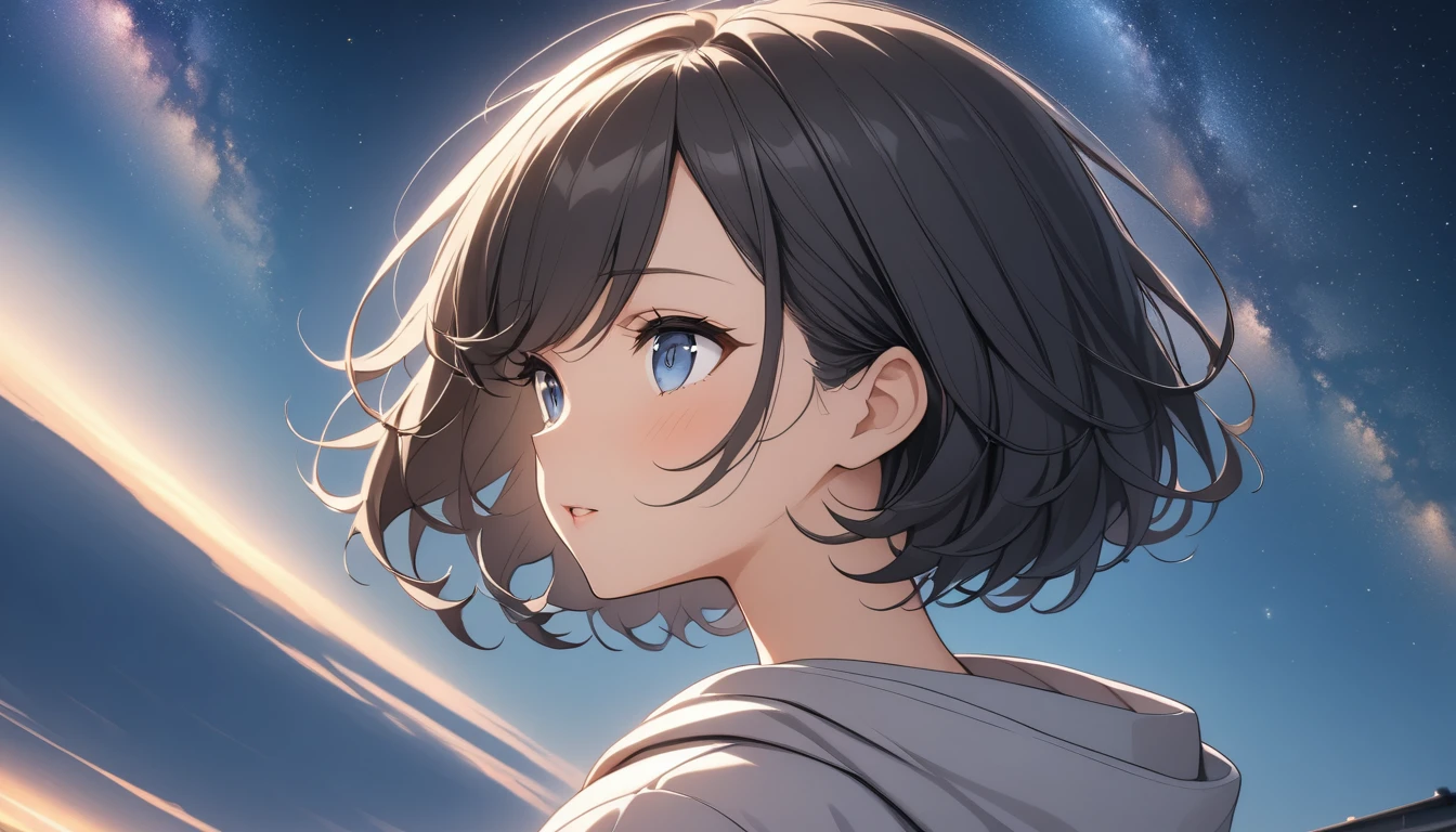 Starry Sky、milky way、One woman、Black Hair、Short Hair、Hair blowing in the wind、Blue Eyes、Wearing a hoodie、Back view、Upper Body、Low - Angle