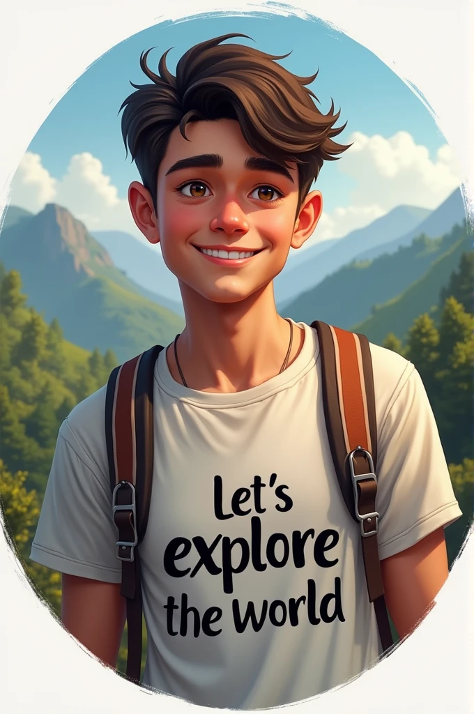 Create an image with a 23 years old boy with a who dreamt of travel world with a slogan written on it with realistic ----Let's explore the world on size of profile photo of YouTube in circle