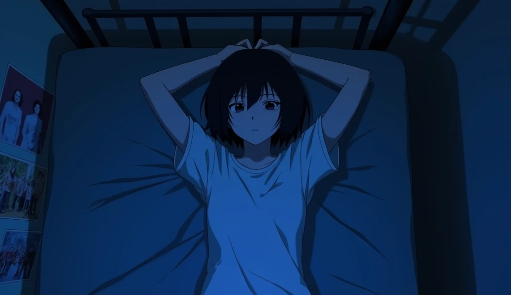 One person, Lie on your back in bed without covers,Overhead shot,Shot from above,Blue light,Deep room,Blur the background,Band posters on the wall,A round, heavy bob haircut,19 years old,White T-shirt,Dark Room,Anime Style,High resolution, 