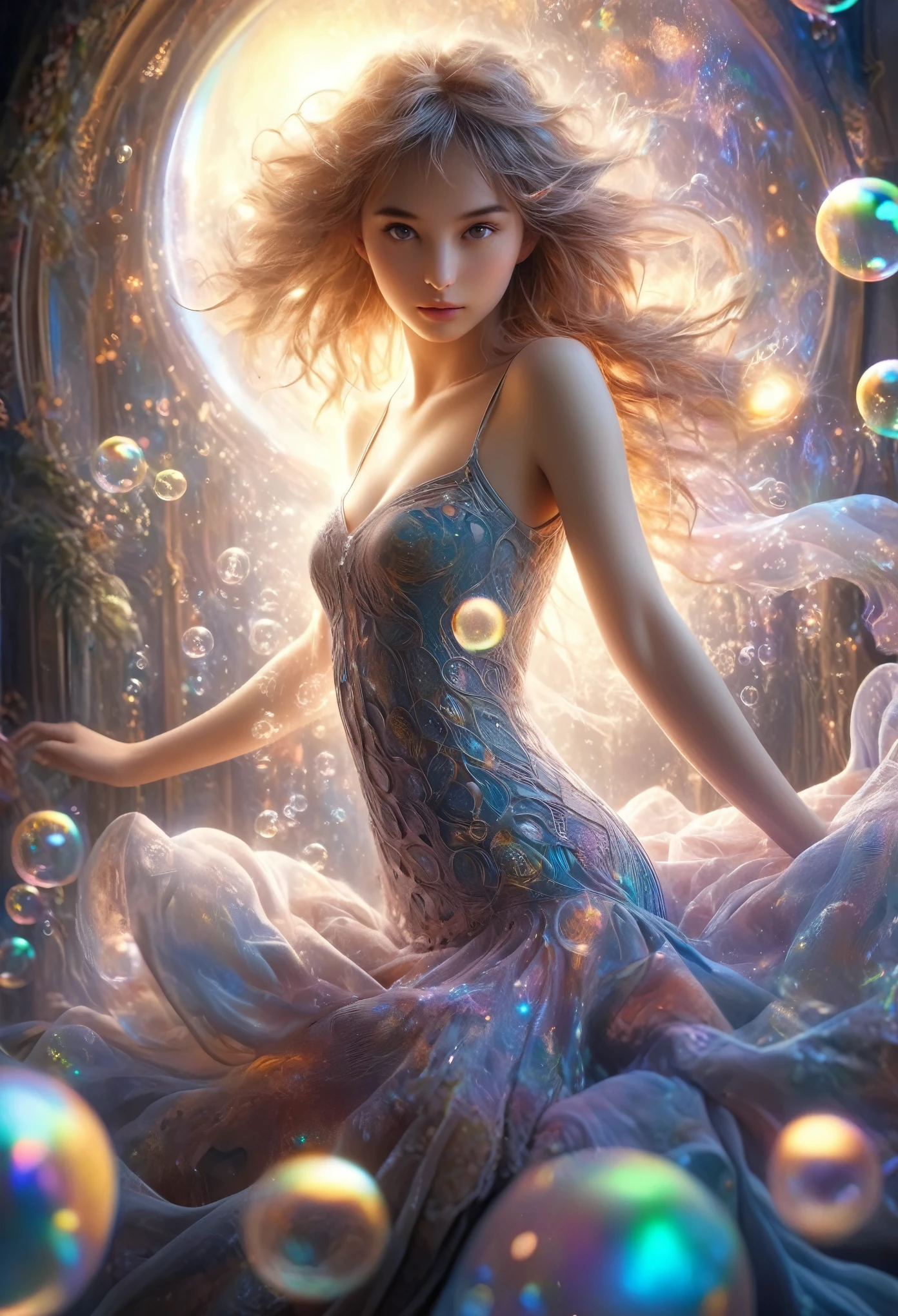 (((Exquisite))) Openwork tights, High quality details, Flowing, dynamic, (1 female), Bright Eyes, Full of energy, Fascinating front and back, Silk texture, Expressing high-quality texture, Giant bubbles, Soft Light, Full of realism, At the moment, this girl is in a fantasy world..