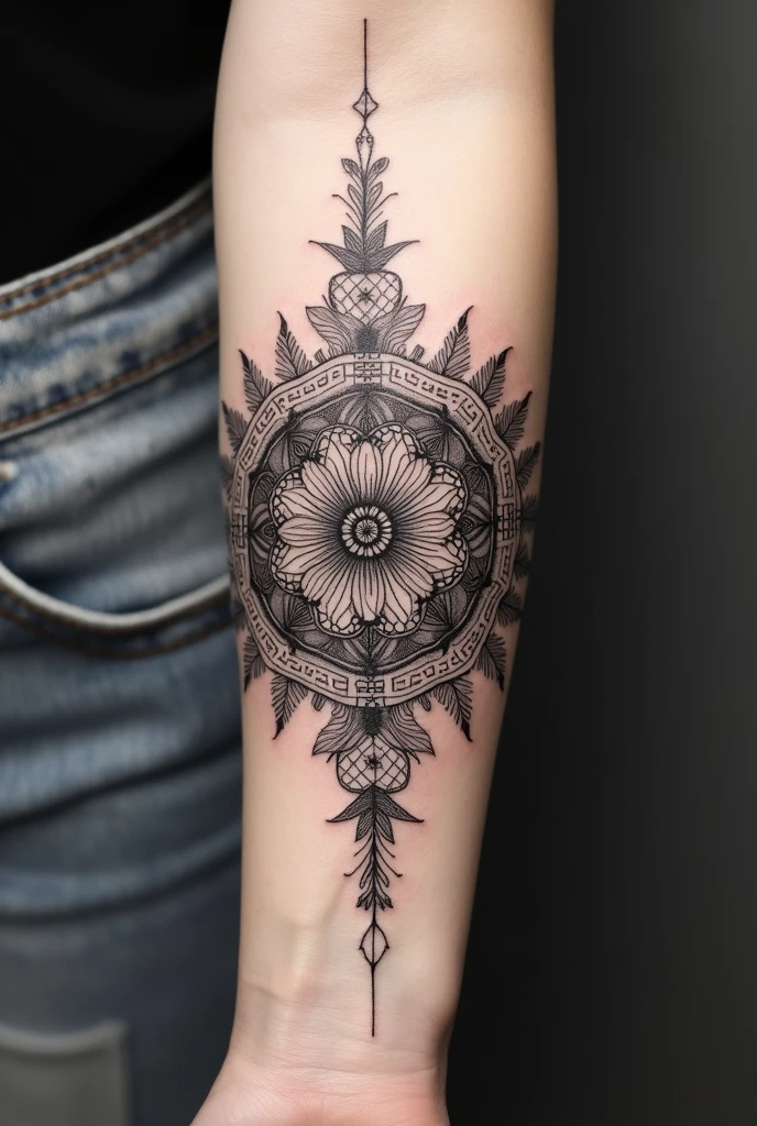 Create a tattoo art of a mandala using only delicate black and gray lines for a woman's forearm.