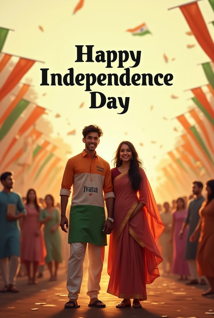 real young couple, Mabud and Sariya stand together, both 20 years old, joyfully celebrate Indian Independence Day. They are wearing indian outfits and Mabud name is written on boy's outfit and Sariya written on girl's outfit. Above them, in the sky, the words "Happy Independence Day" are displayed in a bold font. The backdrop is filled with people celebrating, enhancing the festive and patriotic spirit of the day.make sure text should be correct.