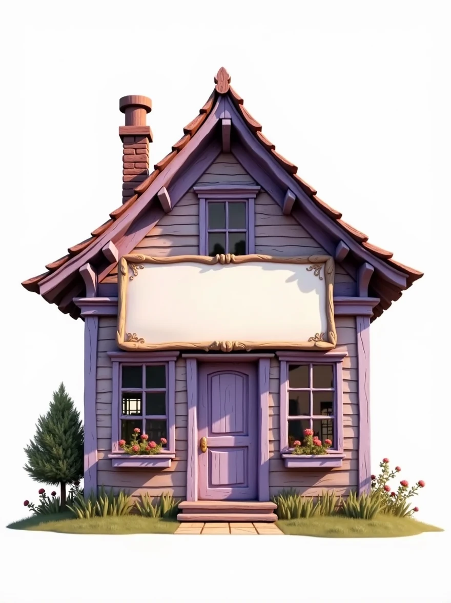 At the center of the image, there is a rustic house with lilac details and a large sign. PNG image. White background.