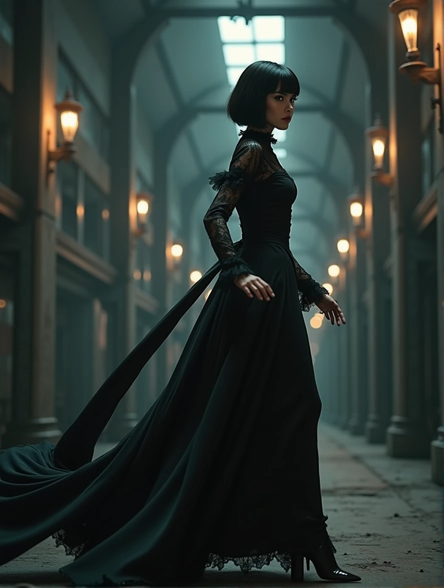 (Photorealism:1.2) woman, brunette, square hairstyle, Long legs, Beauty, dressed in a black long dress, Gothic dress, with a long train, high Victorian collar, gray eyes color, cyberpunk background, full height of a girl, inside an industrial building, runs deep into the corridor, terror in the eyes, Turns back, a view from afar down a long corridor