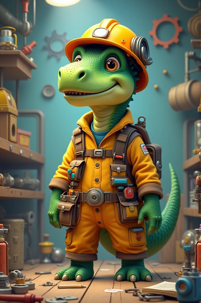 Animated dinosaur wearing engineer clothes